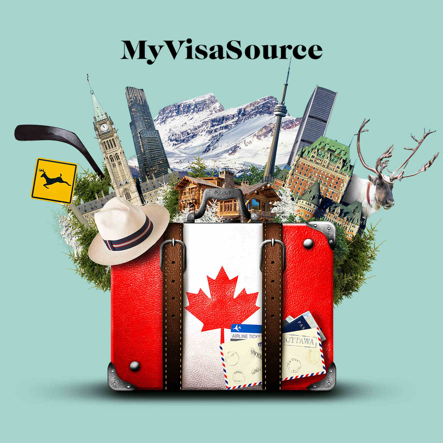 colourful collage of canadian cities and motifs with passport my visa source