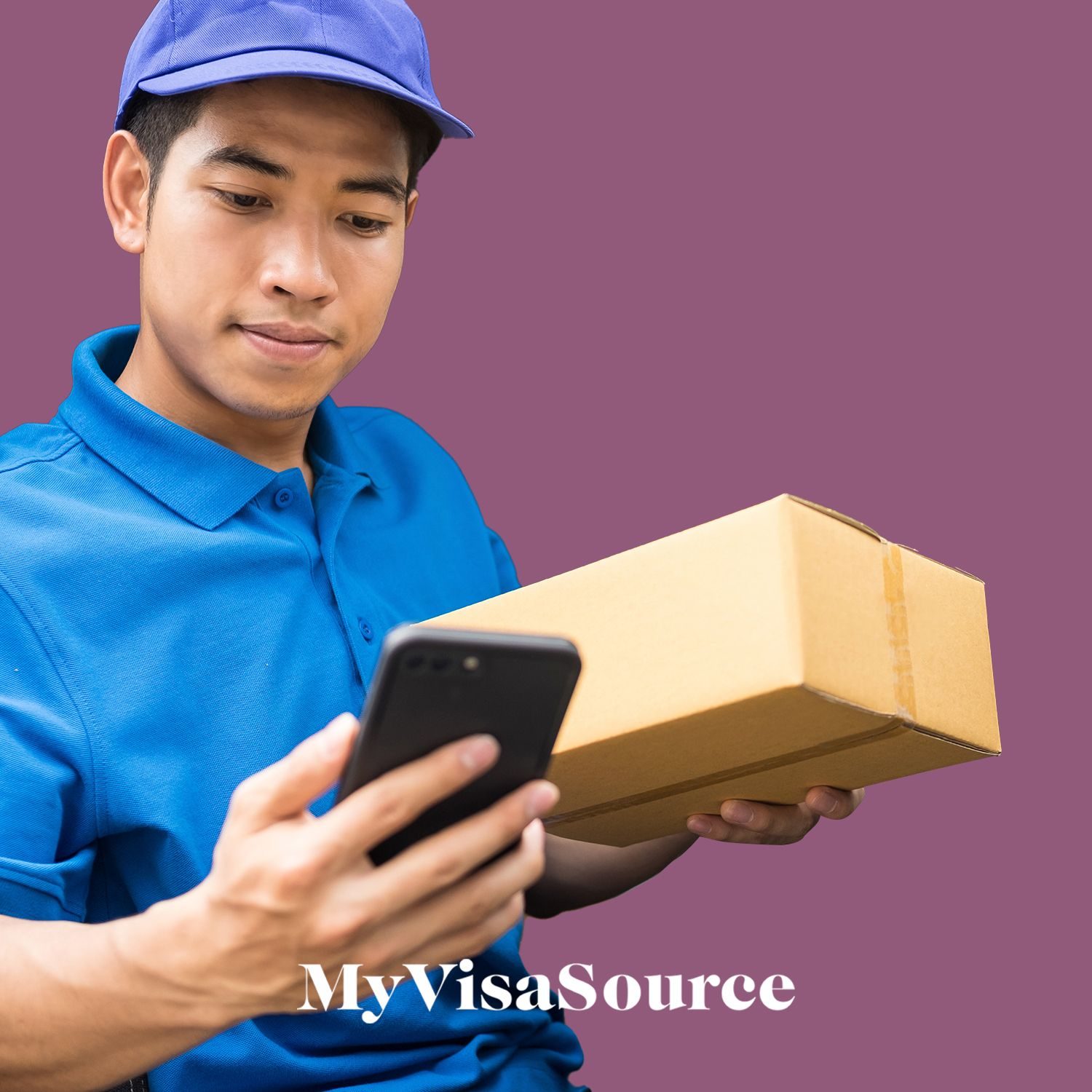 delivery worker holding a package and cellphone my visa source