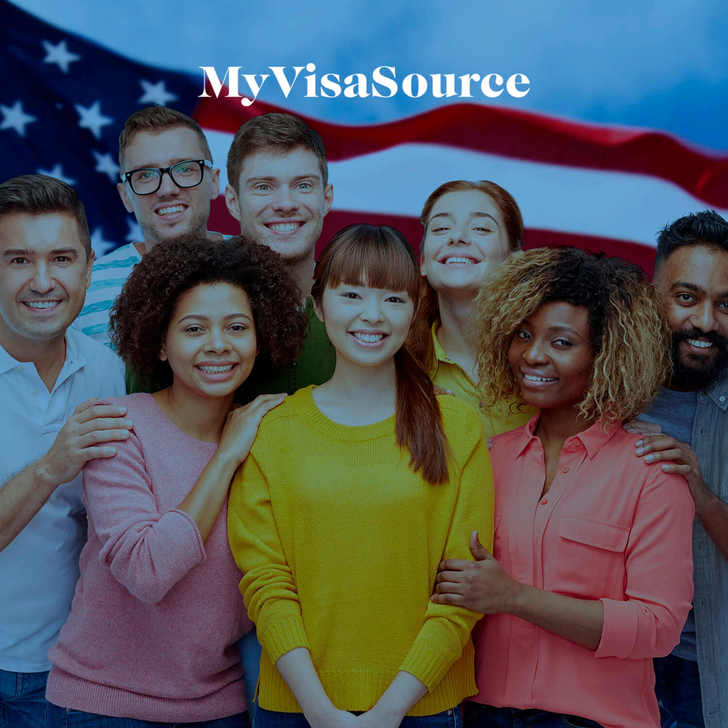 young people of varying races posing in front of a us flag my visa source