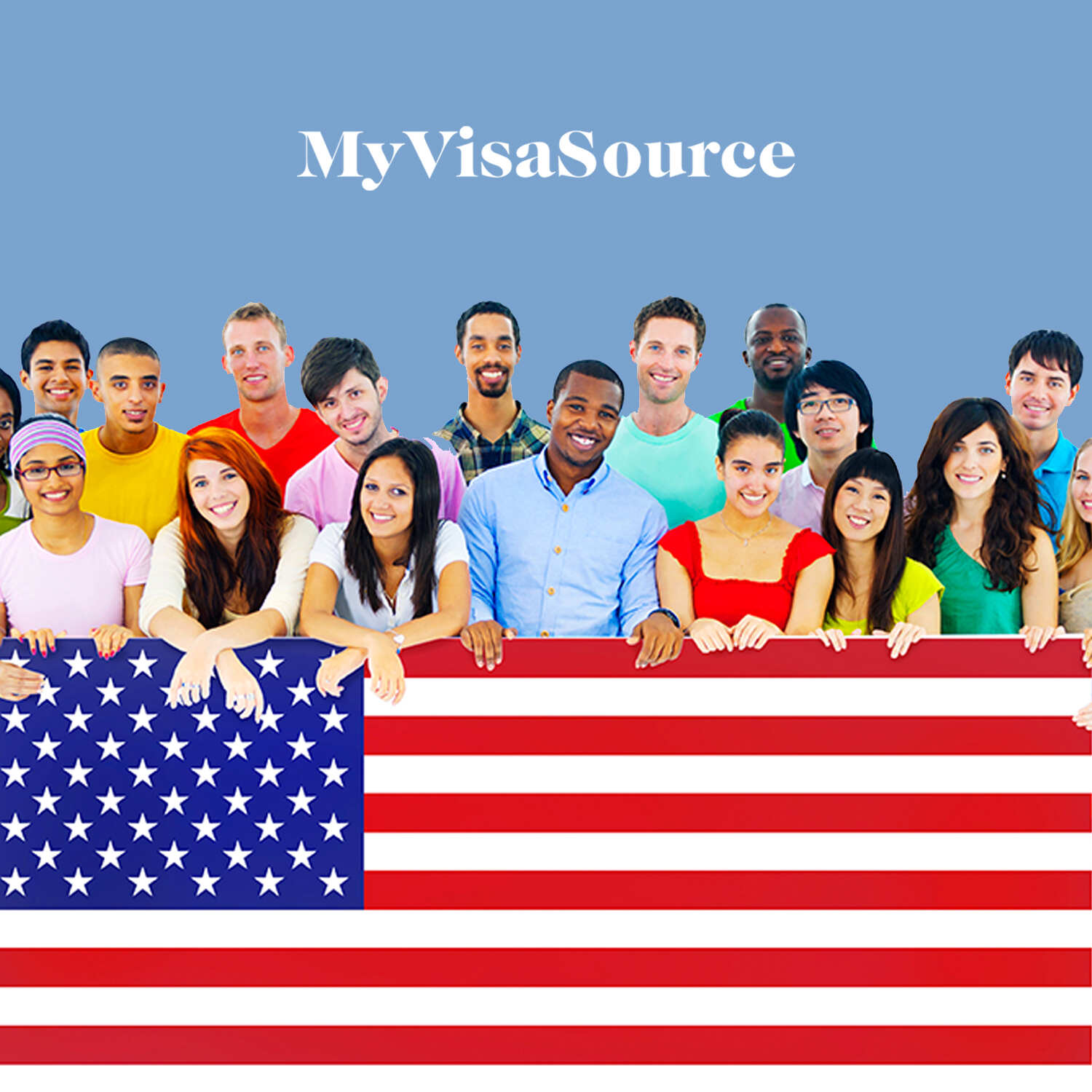young students with different ethnicities posing behind an us flag my visa source